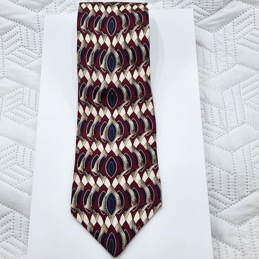 New Haven Neckwear Necktie Mens Silk 56" Blue Brown Maroon‎ Geometric Patterned